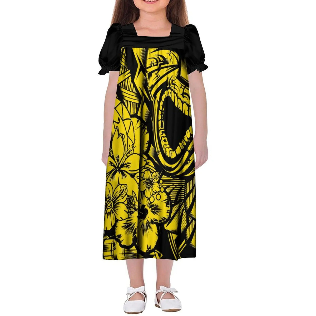 Custom Wholesale Polynesian Girls Dress Summer Puffed Sleeves Design Children'S Long Skirt Loose Dress Tribal Floral Print