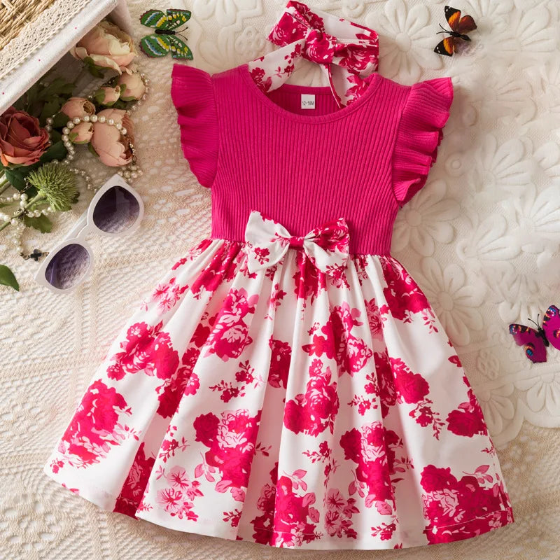 Summer Floral Print Dress for Baby Girls with Flutter Sleeves Elegant round Neck European American Style Party Gown