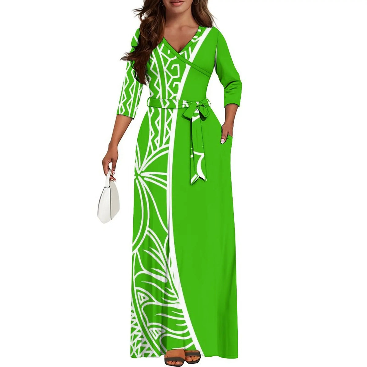 Quality Fabric Vintage Print Custom Mid-Sleeve Long Skirt Dress Polynesian Ladies Summer Fashion V-Neck Waist Binding Dress