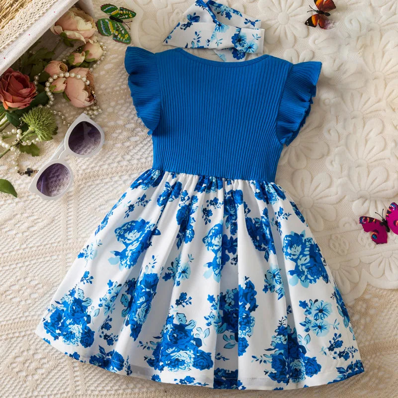 Summer Floral Print Dress for Baby Girls with Flutter Sleeves Elegant round Neck European American Style Party Gown