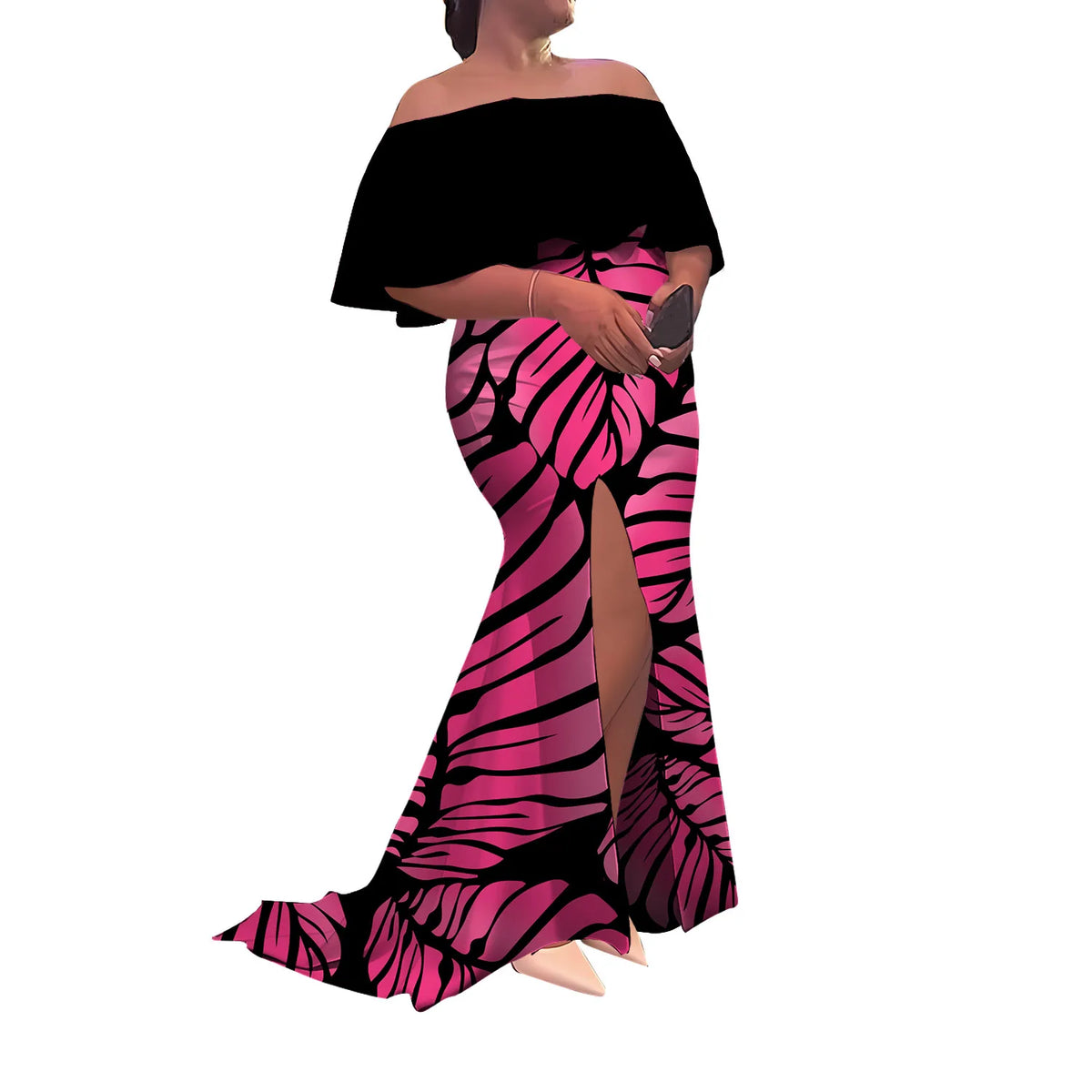 Women'S Dress Half-Printed One-Shoulder Slit Long Floor-Length Slimming Fishtail Dress Polynesian Evening Dress Custom-Made