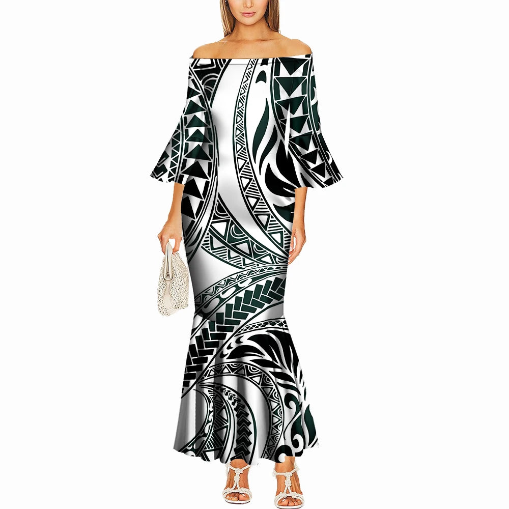 Summer One-Shoulder Puletasi Dress Custom-Made Samoan Islands Print Polynesian Tribal Women'S Tight Fishtail Dress