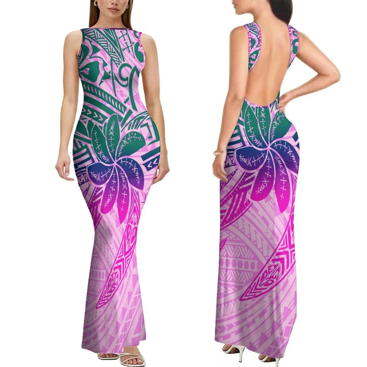 Summer Mature And Elegant Sleeveless Long Slimming And Sexy Backless Women'S Dress With Polynesian Custom Pattern