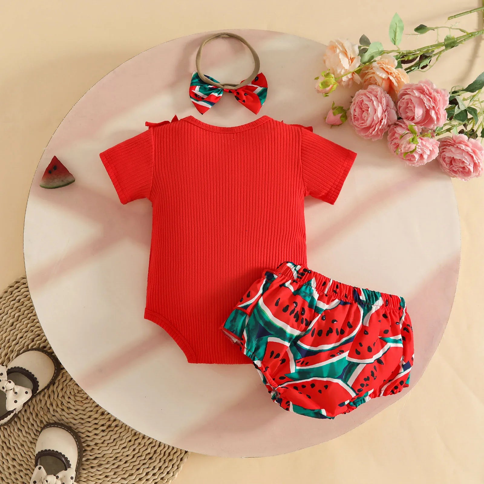 Baby Girl Comfortable And Breathable Set Short Sleeve Top Cute Cartoon Printed Shorts Three Piece Set Matching Items Conjuntos