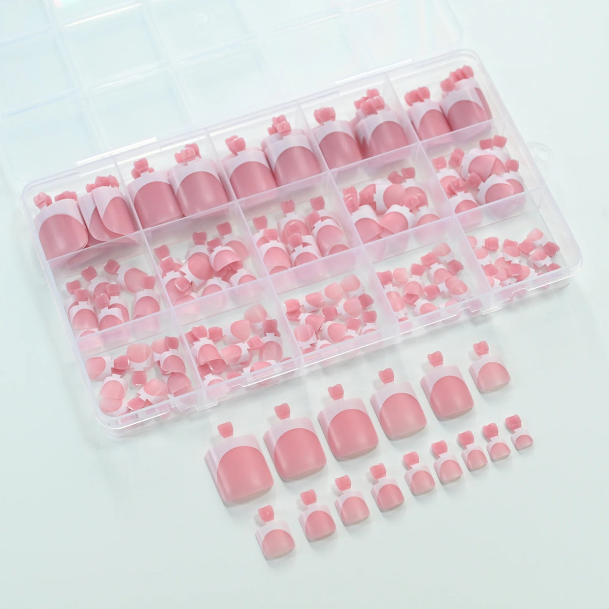 150Pcs Pink White French Press On Toenails 15-Sizes Short Square Fake Toe Nails White Edge Design Wearable False Foot Nail Tips
