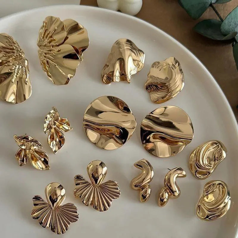 Personalized Design Irregular Geometric Leaf Stud Earrings Punk Golden Metal Female Earring Carnival Banquet Festival Jewelry