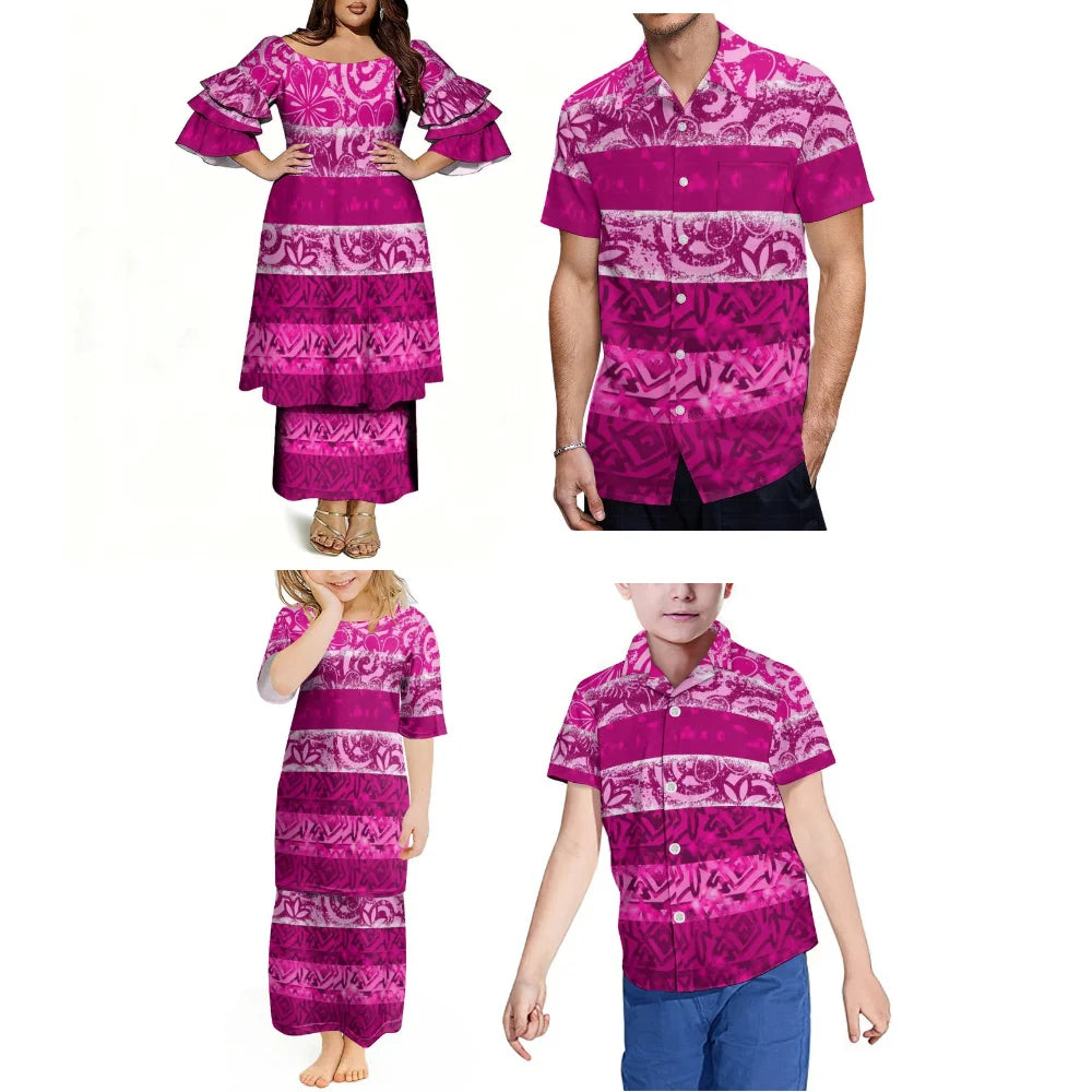 Pacific Island Samoa Family Set Comfortable Women'S Puletasi Dress Men'S Hawaiian Shirt Festive Party Floral Printed Clothing
