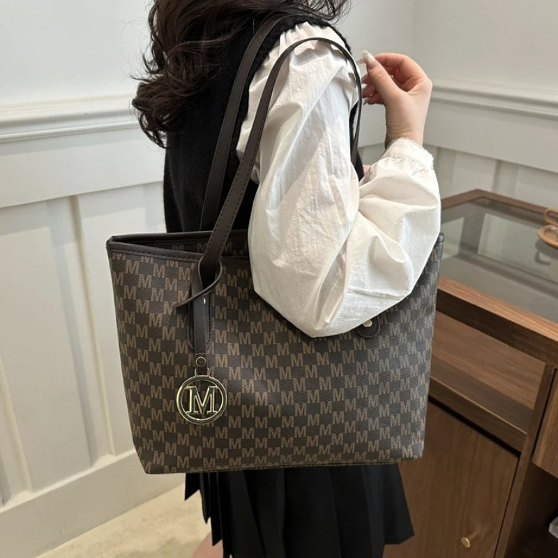 Elegant Monogram Tote Bag with Detachable Gold M Charm Faux Leather Handles Large Capacity Work Commuter Travel Shoulder Purse