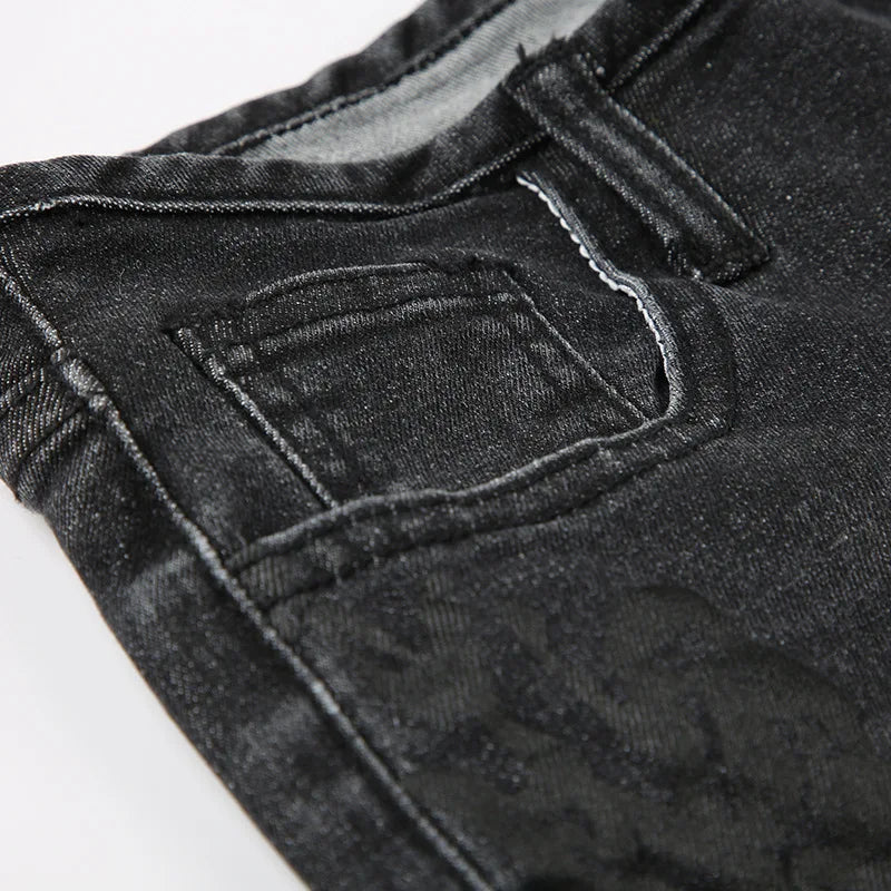 Women's Jeans  New American Retro Street Style Plant Print Washed Vintage Low-Rise Flare Pants Trendy Versatile