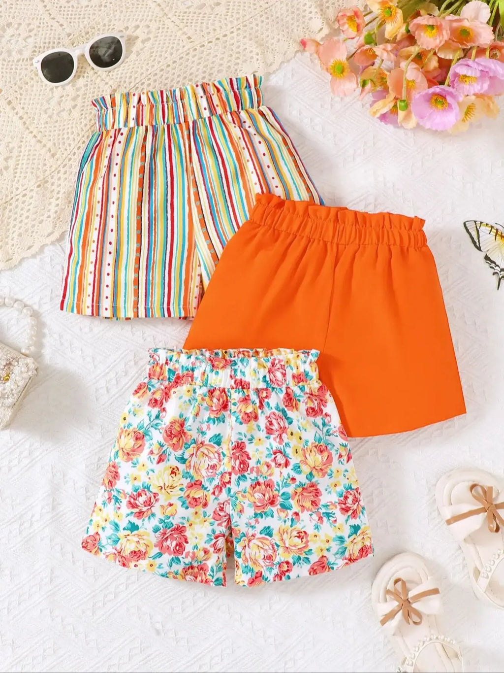 3pcs girls' floral and striped printed shorts suitable for daily outings in spring/summer, can be used as gifts