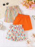 3pcs girls' floral and striped printed shorts suitable for daily outings in spring/summer, can be used as gifts