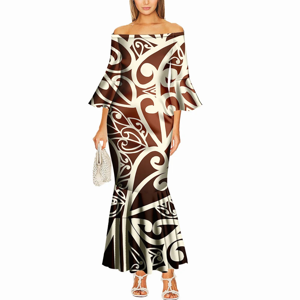 Summer One-Shoulder Puletasi Dress Custom-Made Samoan Islands Print Polynesian Tribal Women'S Tight Fishtail Dress