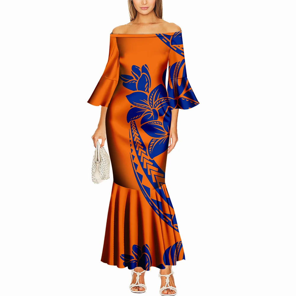 Summer One-Shoulder Puletasi Dress Custom-Made Samoan Islands Print Polynesian Tribal Women'S Tight Fishtail Dress