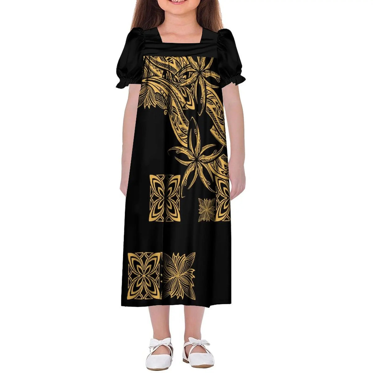 Custom Wholesale Polynesian Girls Dress Summer Puffed Sleeves Design Children'S Long Skirt Loose Dress Tribal Floral Print