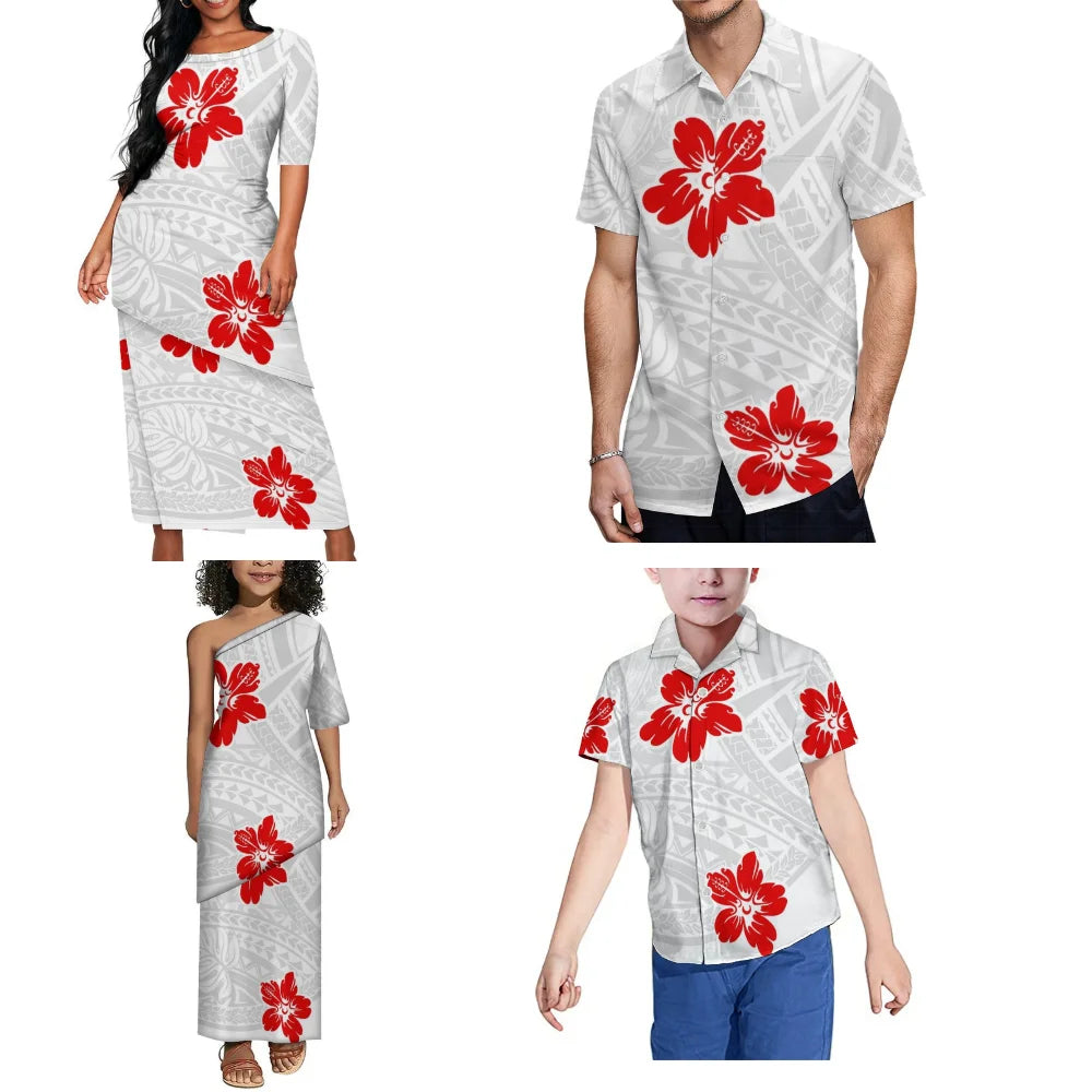 Women'S White Sunday Dress Set Samoa Puletasi Family Party Set Polynesian Ethnic Mother'S Day And Men'S Pocket Shirt
