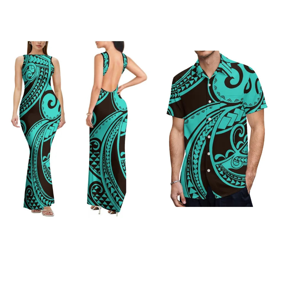 Polynesian Custom-Made Women'S Dress With Floral Design Backless Sleeveless Long Sexy And Slimming Couple Outfits Men'S Shirt