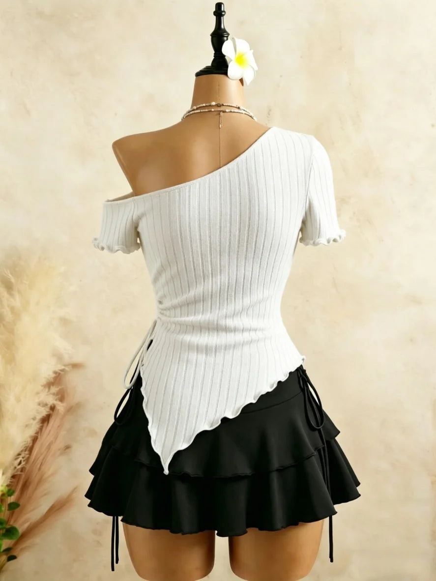 Ribbed Cami & Ruffle Mini Skirt Set