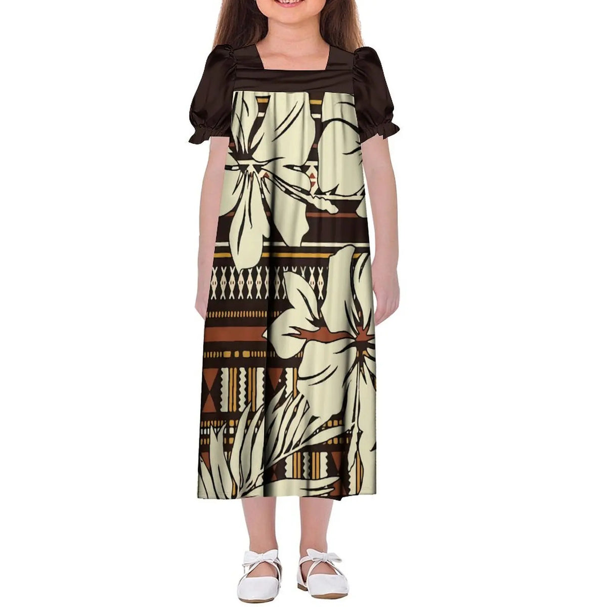 Custom Wholesale Polynesian Girls Dress Summer Puffed Sleeves Design Children'S Long Skirt Loose Dress Tribal Floral Print