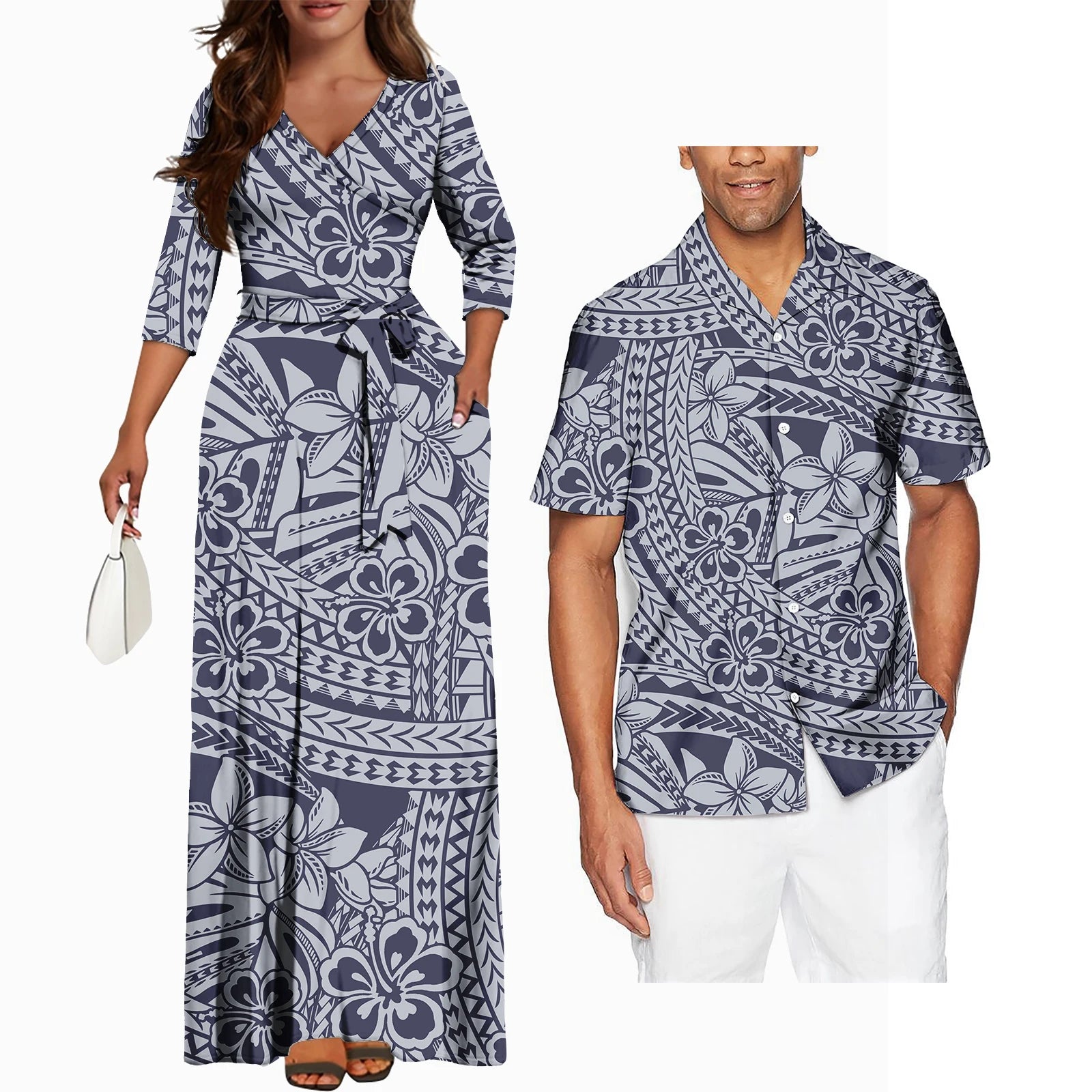 Matching Couples Clothes Pacific Islands Style New Arrivals V Neck Long Sleeve Women Dress Hawaii Island Polynesian Style