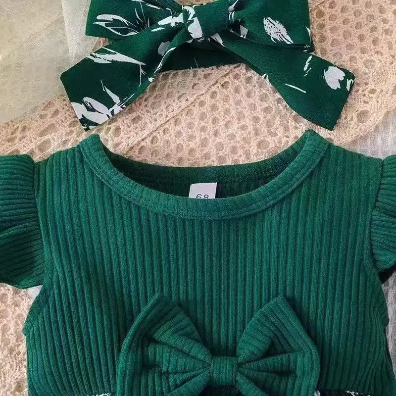 2026 Fashion Baby Girl Summer solid color breathable, wear-resistant and washable knitted top with flower print pattern dress