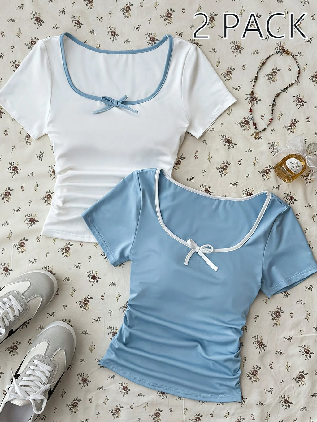 Girls' Casual Short-Sleeved T-Shirt Set, Solid White and Light Blue T-Shirts, 2-Piece Set with Bow and Contrasting Edge Design, Fashionable and Versatile, Suitable for Girls Aged 8-12, Home and Outdoor Wear