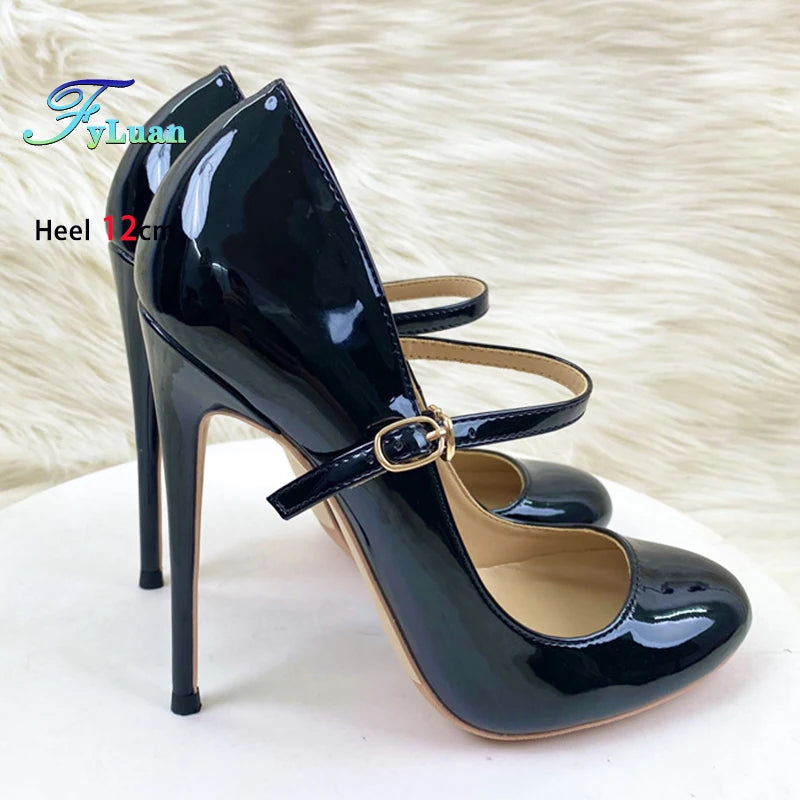 Round Toe Stiletto Shoes For Women Black Mary Jane Shoes 10CM 12CM Thin High Heels Spring Autumn Buckle Strap Fashion Sexy Pumps