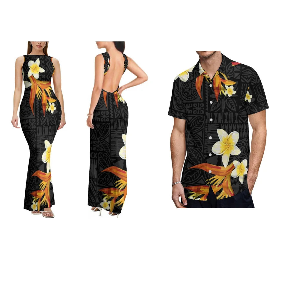 Polynesian Custom-Made Women'S Dress With Floral Design Backless Sleeveless Long Sexy And Slimming Couple Outfits Men'S Shirt