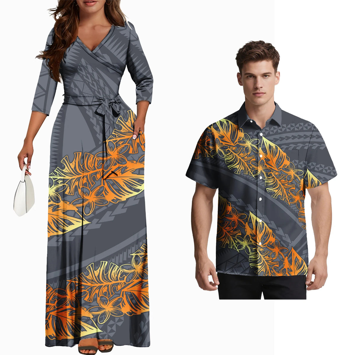 Fashion Couple Outfits Hawaiian Men Pocket Shirts Samoan Women V-Neck Flowers Laceup Long Dress Polynesian Couple of Set Custom