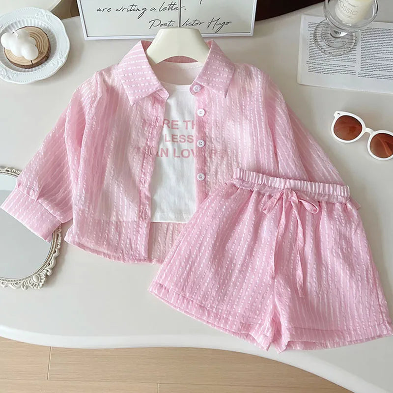3Pcs Children's Clothes Sets Striped Long Sleeve Blouses Shirts Vest Shorts Sets Kids Girls Summer Casual Tops Pants Outfits Set