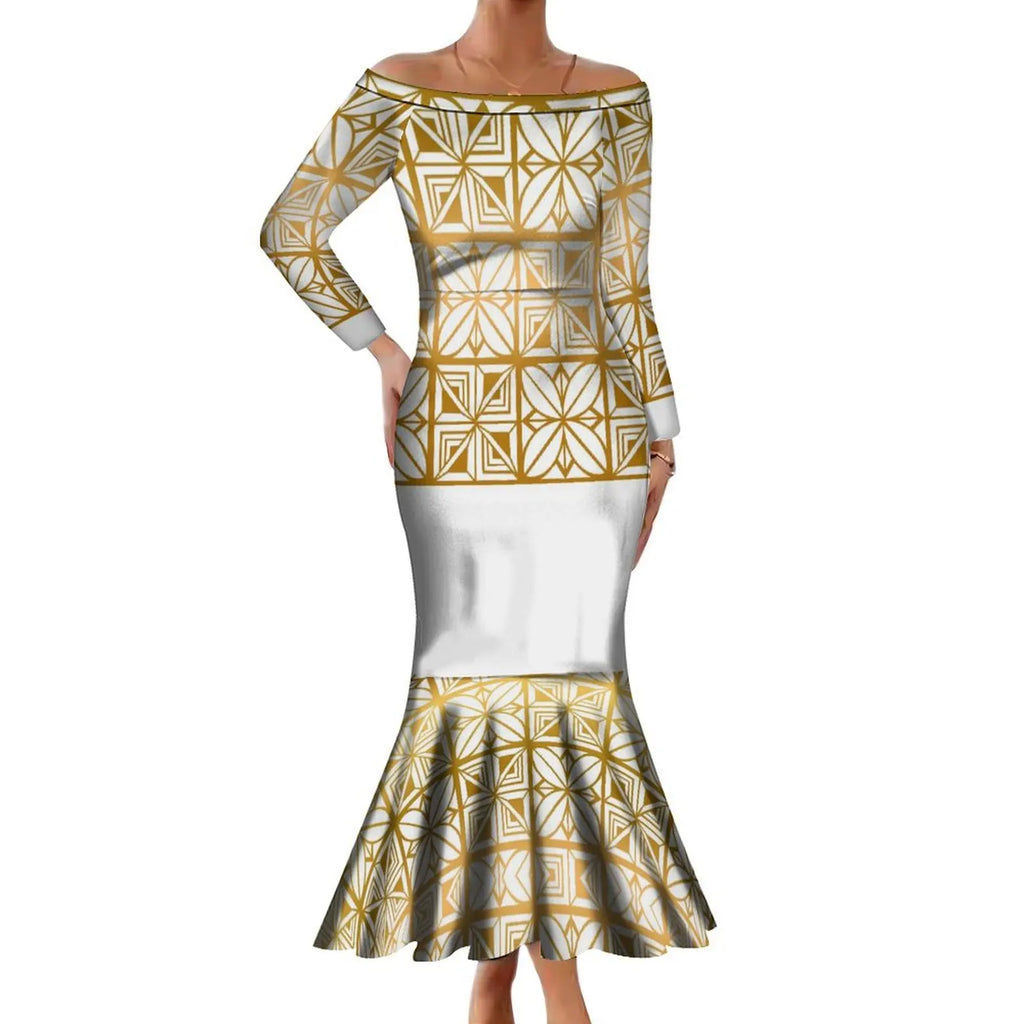 Wholesale Custom Polynesian Tribal Printed Half Flare Sleeve Long Party Dress Maxi Island Style Dress Plus Size Womens Clothing