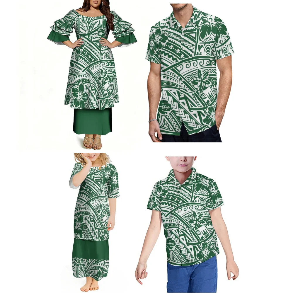 Summer Pacific Island Samoa Family Set Women'S Puletasi Dress Men'S Hawaiian Shirt Festival Party Floral Printed Clothing