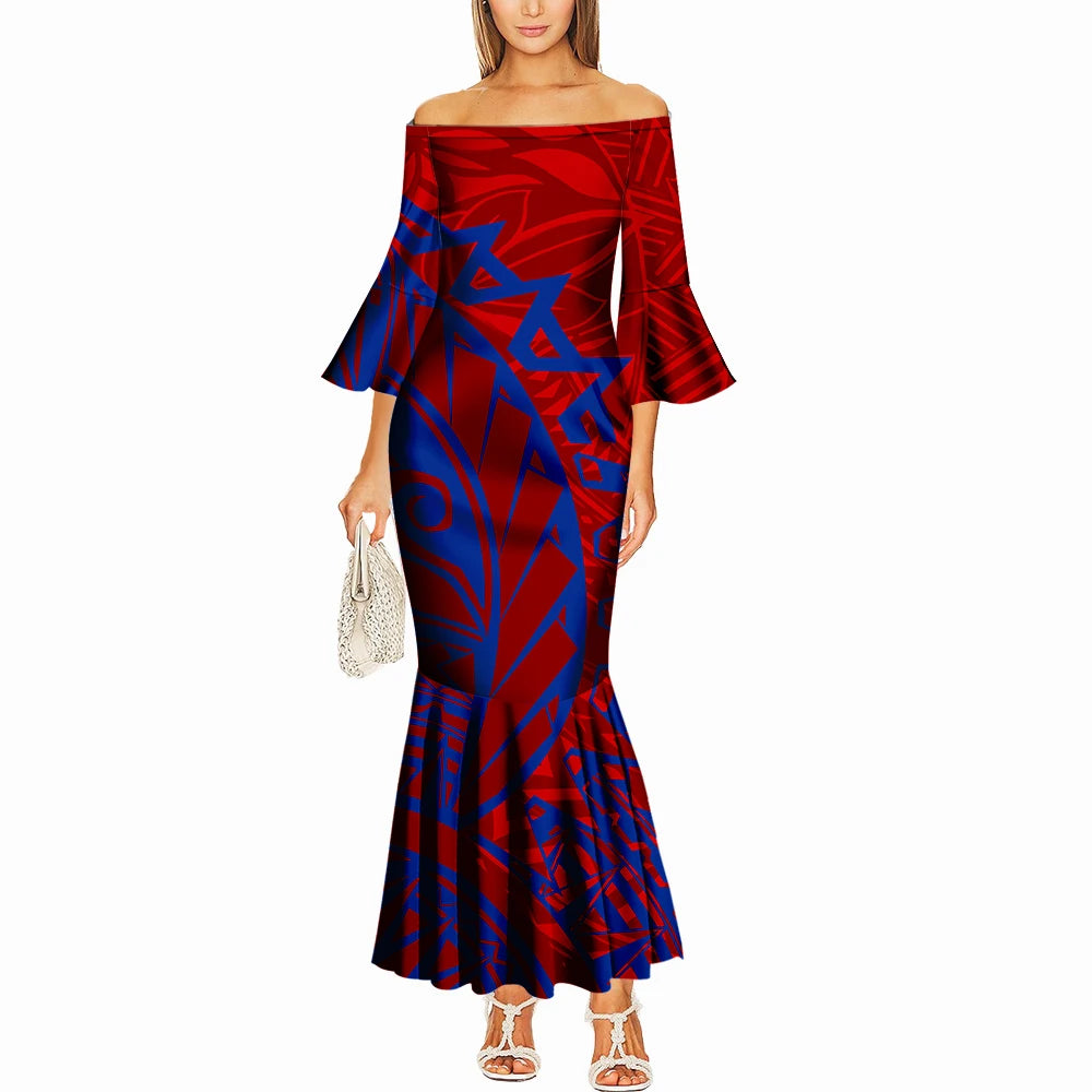 Summer One-Shoulder Puletasi Dress Custom-Made Samoan Islands Print Polynesian Tribal Women'S Tight Fishtail Dress