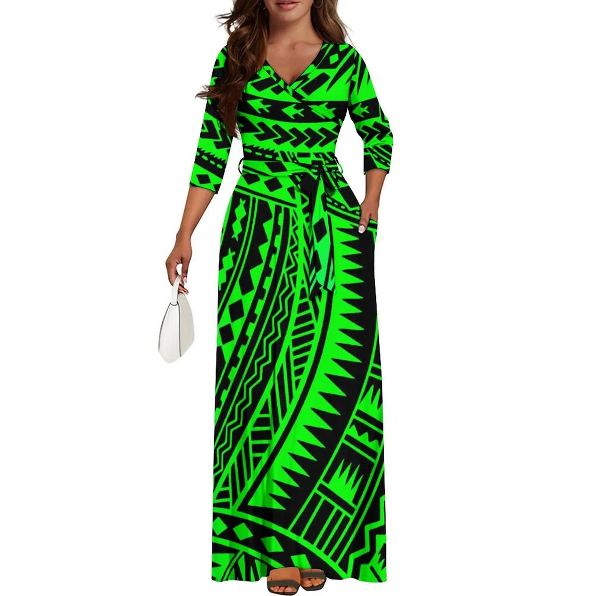 Quality Fabric Vintage Print Custom Mid-Sleeve Long Skirt Dress Polynesian Ladies Summer Fashion V-Neck Waist Binding Dress