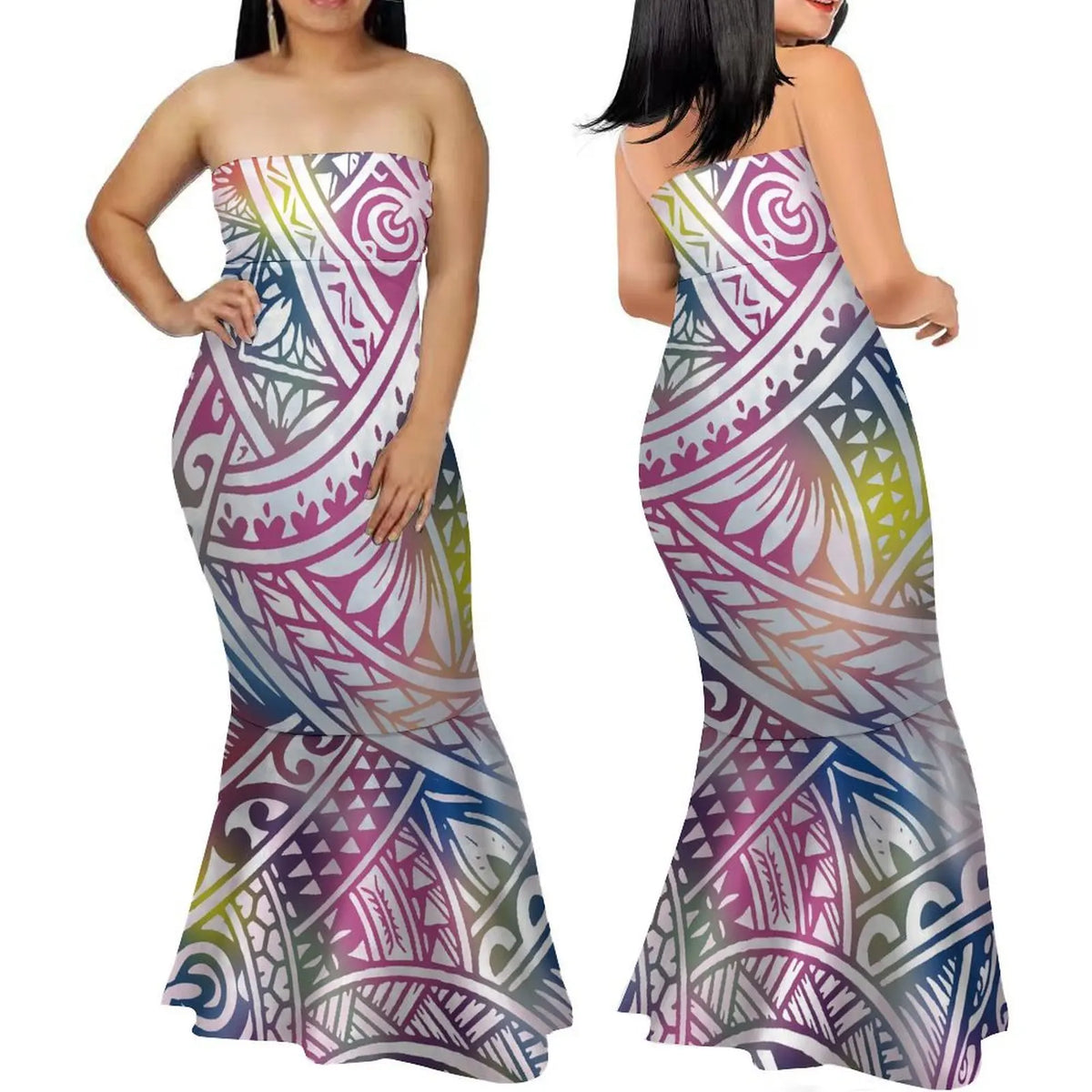 Summer Fashion Strapless Evening Dress Custom Polynesian Print New Design Party Elegant Slim Fishtail Dress Soft Quality Fabric