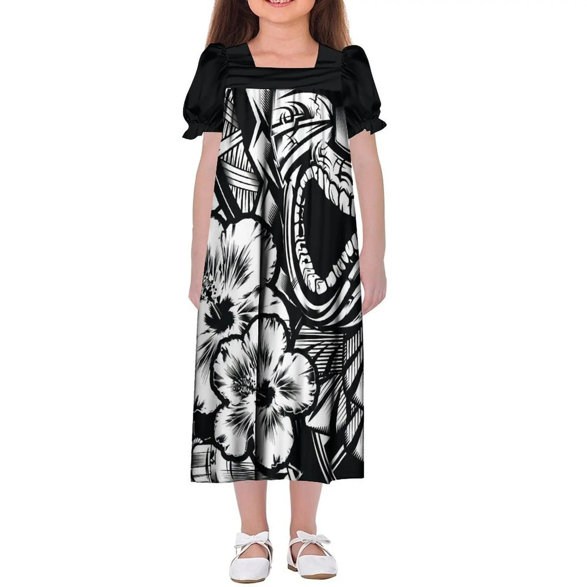 Custom Wholesale Polynesian Girls Dress Summer Puffed Sleeves Design Children'S Long Skirt Loose Dress Tribal Floral Print