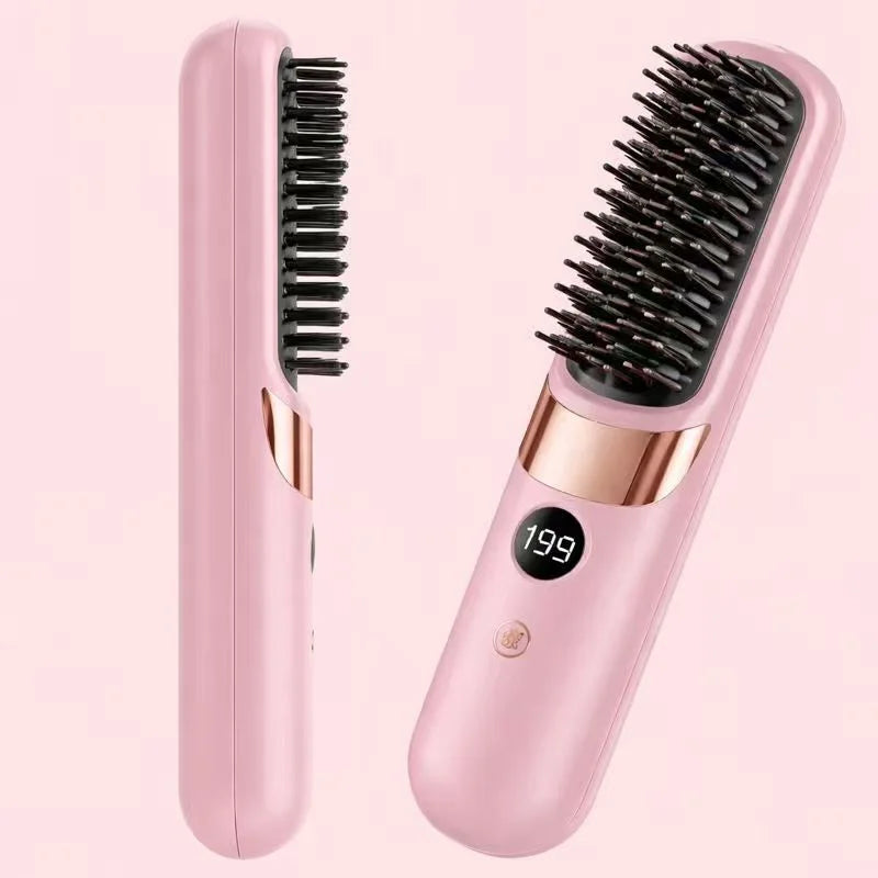 Hair Straightener Brush with LCD Display Cordless USB Charging Straightener Portable Mini Straightening Brush for Home Travel