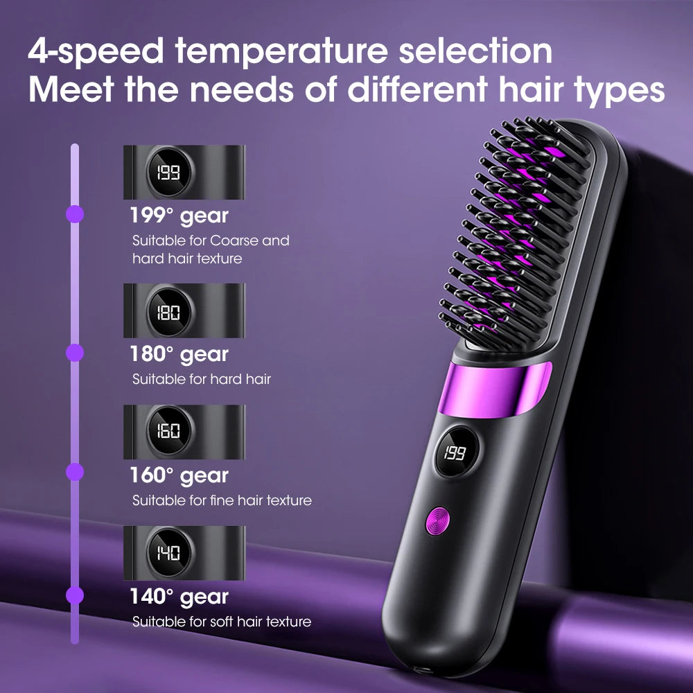 Portable Hair Straightener Brush 4 Temp Setting Cordless Straightening Comb LED Display Ceramic Coating Ionic Technology Styling