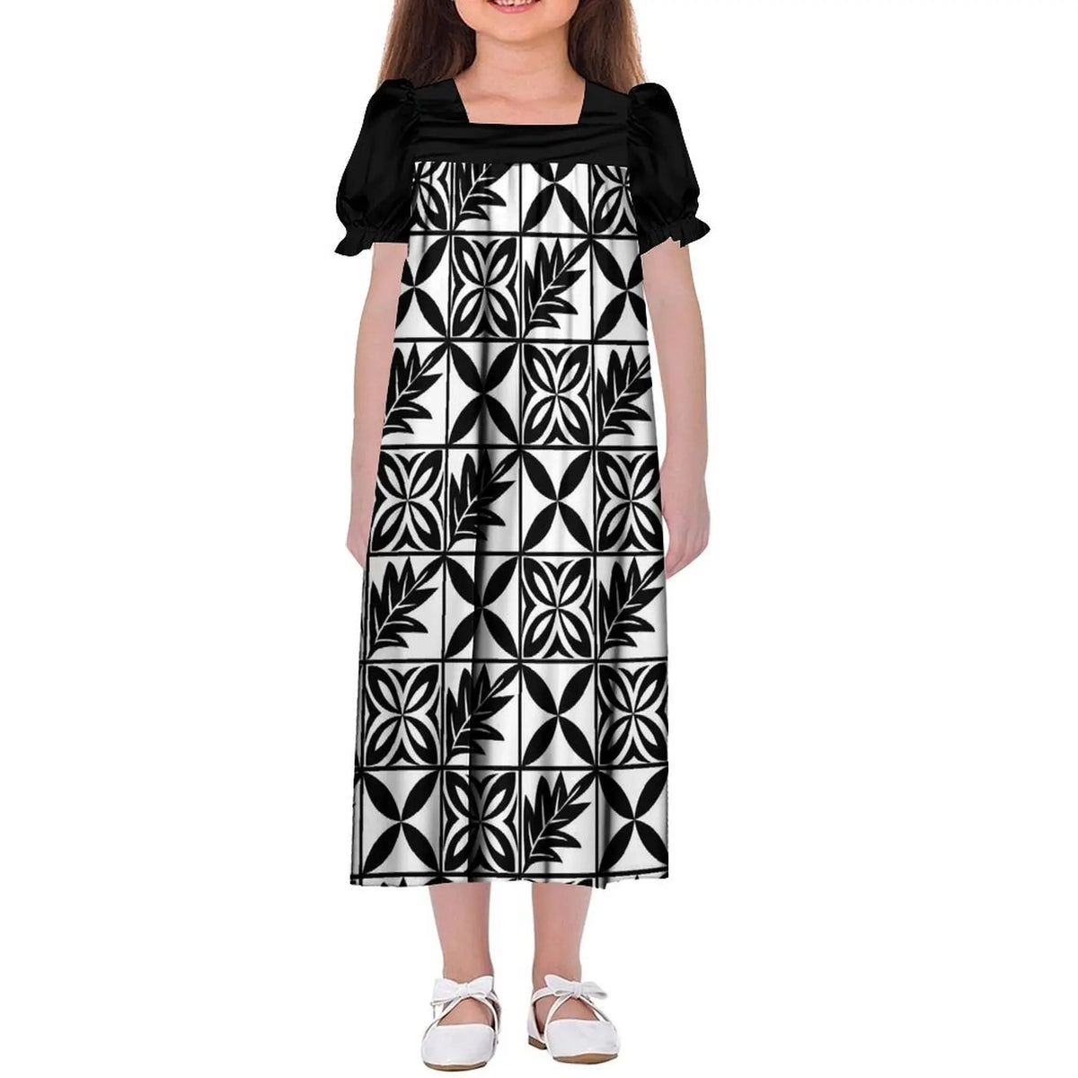 Custom Wholesale Polynesian Girls Dress Summer Puffed Sleeves Design Children'S Long Skirt Loose Dress Tribal Floral Print