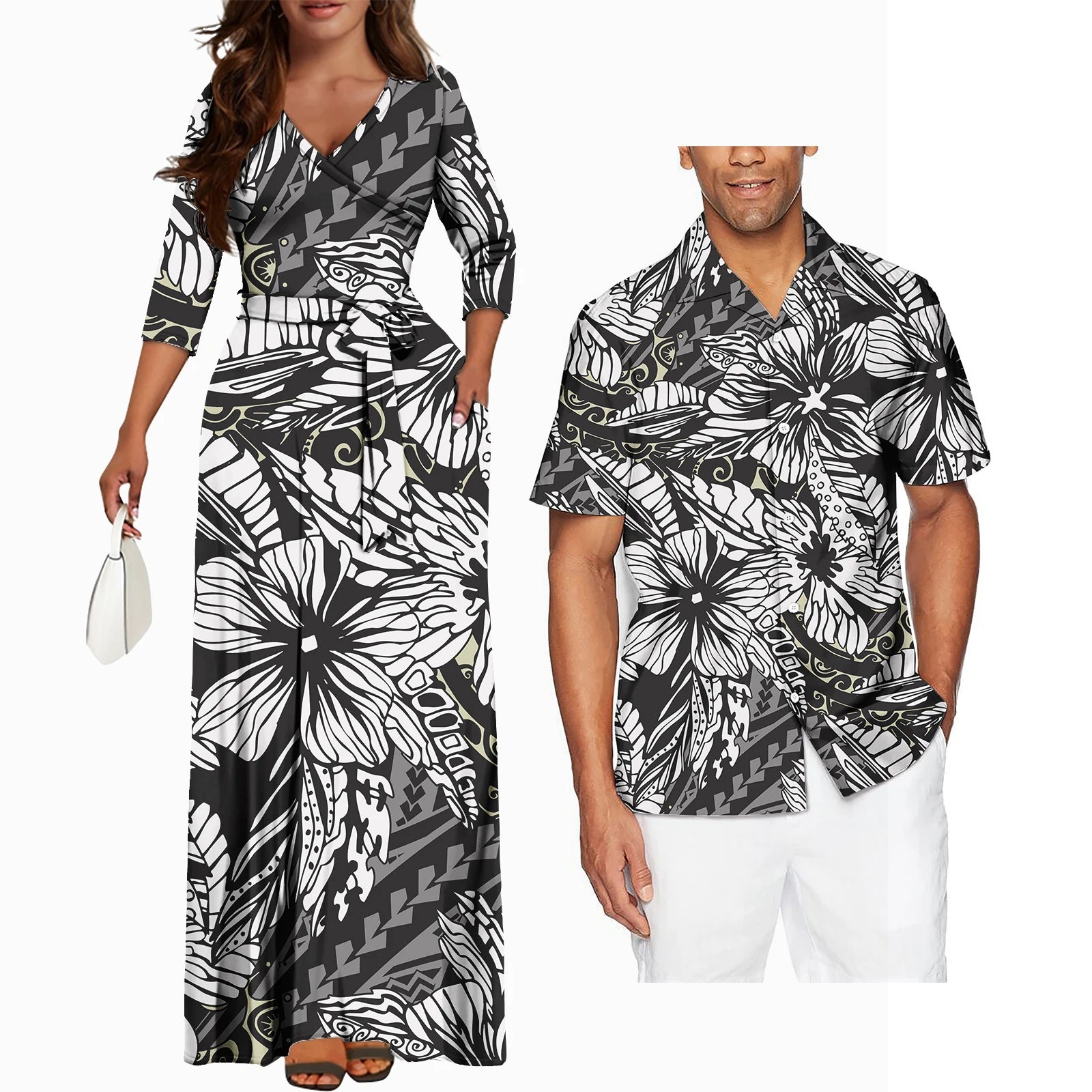 Matching Couples Clothes Pacific Islands Style New Arrivals V Neck Long Sleeve Women Dress Hawaii Island Polynesian Style