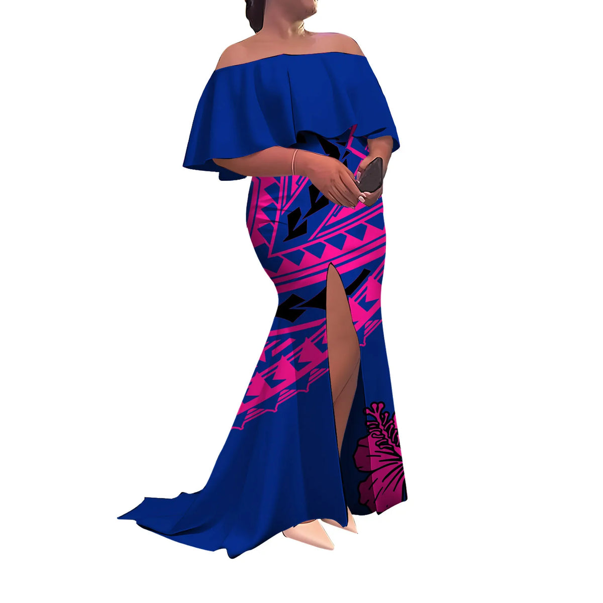 Women'S Dress Half-Printed One-Shoulder Slit Long Floor-Length Slimming Fishtail Dress Polynesian Evening Dress Custom-Made