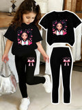 Girls' Short-Sleeve Set: Regular Short-Sleeve Top + Black Leggings Two-Piece Set with Bow Print Pants and Printed Top, Suitable for 4-12 Year Old Children, Casual Wear for Home and Outings