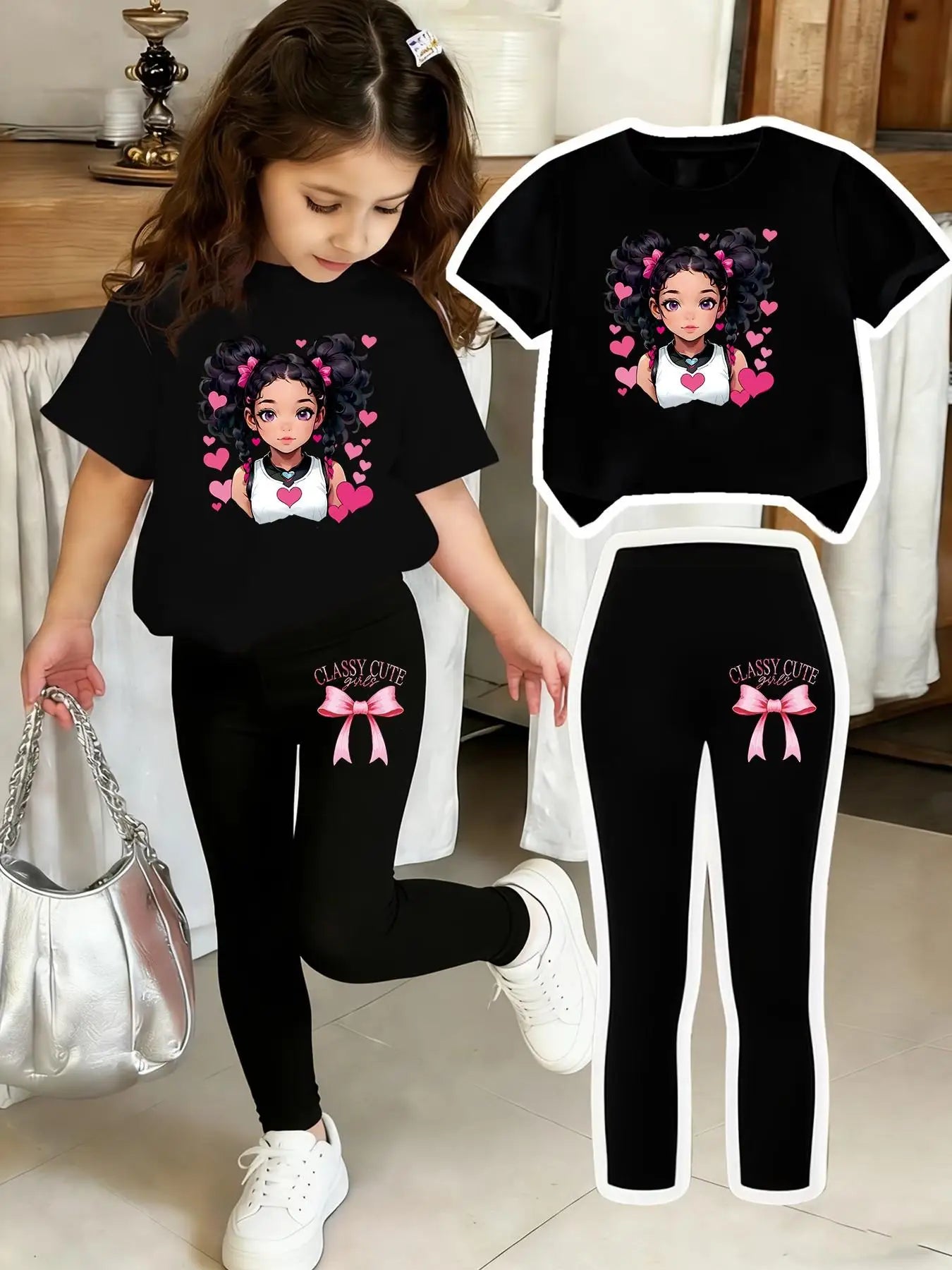 Girls' Short-Sleeve Set: Regular Short-Sleeve Top + Black Leggings Two-Piece Set with Bow Print Pants and Printed Top, Suitable for 4-12 Year Old Children, Casual Wear for Home and Outings