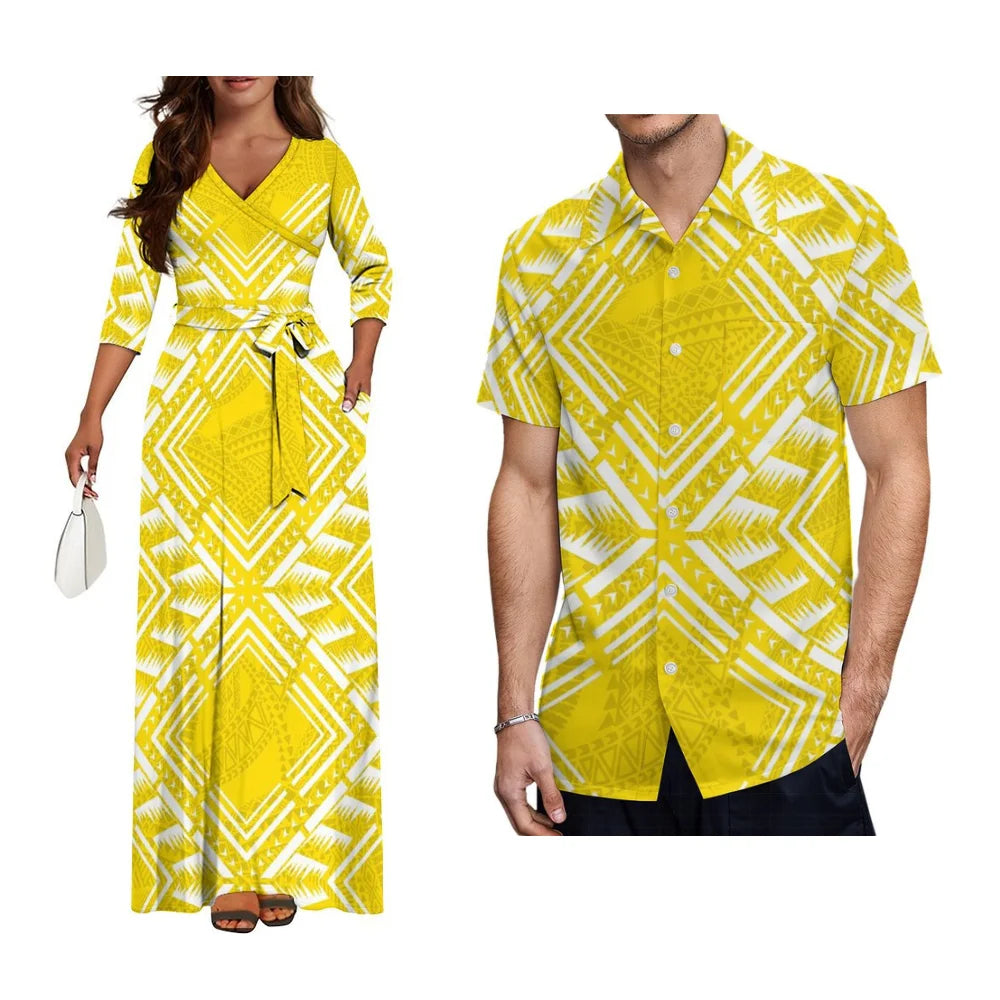 Polynesian Custom Couple Clothing Autumn Long Sleeve New Women'S Dress Hawaii Men'S Formal Shirt 2-Piece Set 2025 New