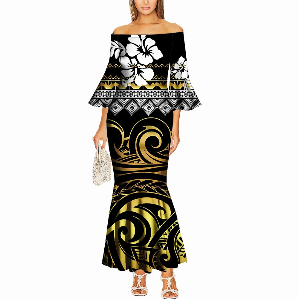 Summer One-Shoulder Puletasi Dress Custom-Made Samoan Islands Print Polynesian Tribal Women'S Tight Fishtail Dress