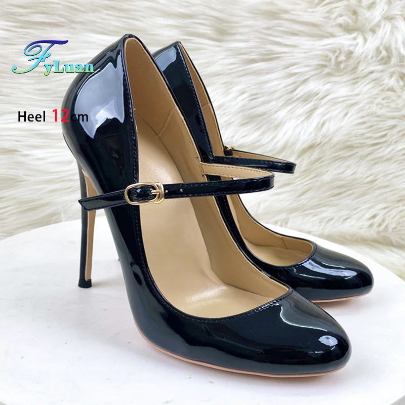 Round Toe Stiletto Shoes For Women Black Mary Jane Shoes 10CM 12CM Thin High Heels Spring Autumn Buckle Strap Fashion Sexy Pumps
