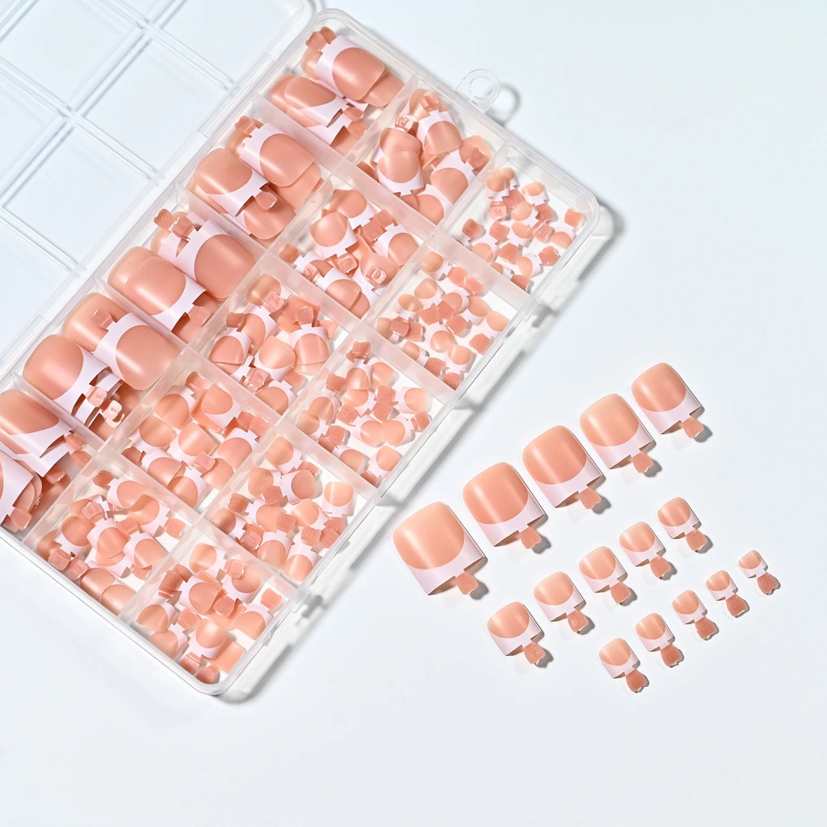 150Pcs Pink White French Press On Toenails 15-Sizes Short Square Fake Toe Nails White Edge Design Wearable False Foot Nail Tips