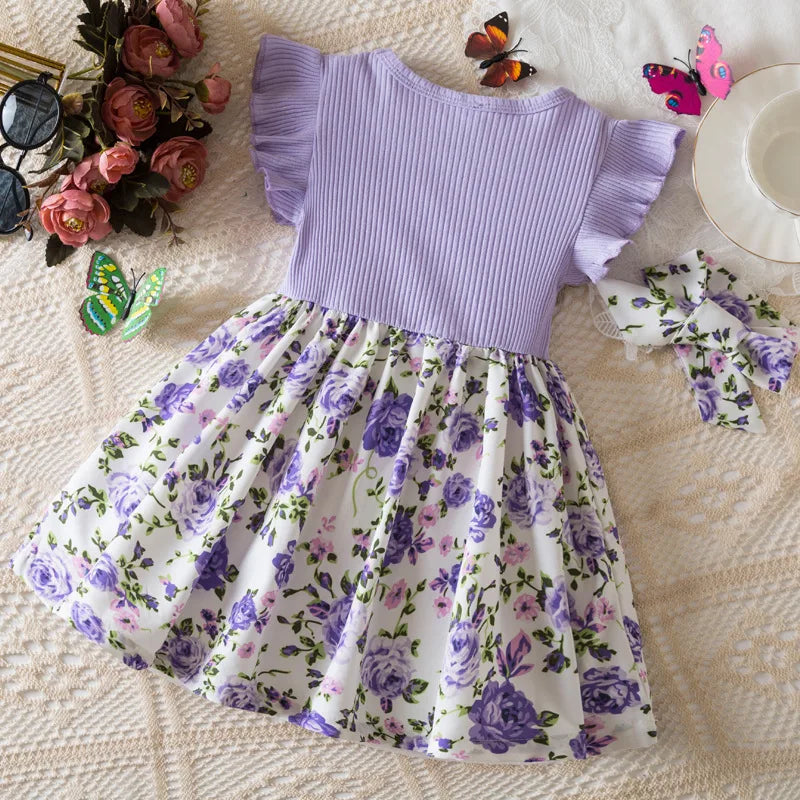 Summer Floral Print Dress for Baby Girls with Flutter Sleeves Elegant round Neck European American Style Party Gown