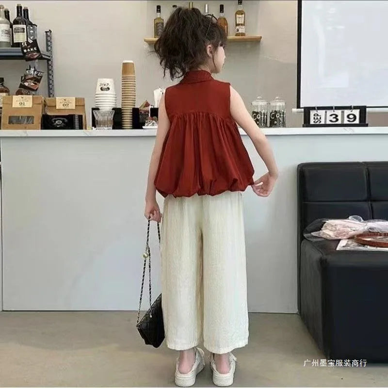 2026 summer Girls clothes children set Kids sleeveless blouse shirt top camisole + bottom wide leg pant 4 8 10 14 15 years teens