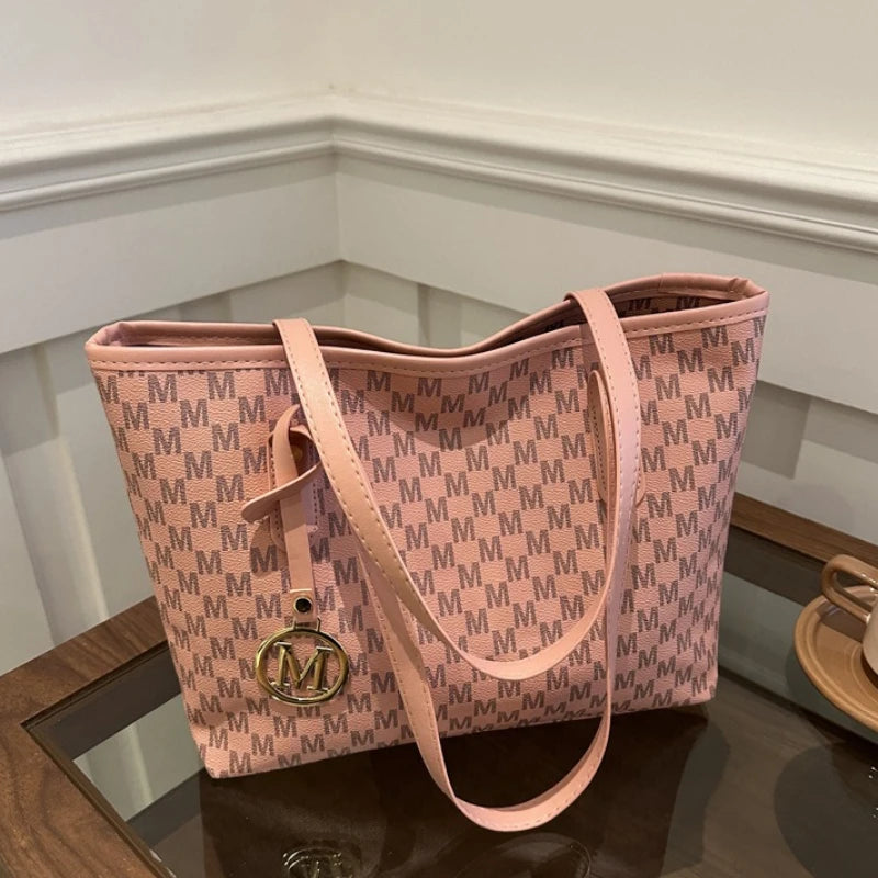 Elegant Monogram Tote Bag with Detachable Gold M Charm Faux Leather Handles Large Capacity Work Commuter Travel Shoulder Purse