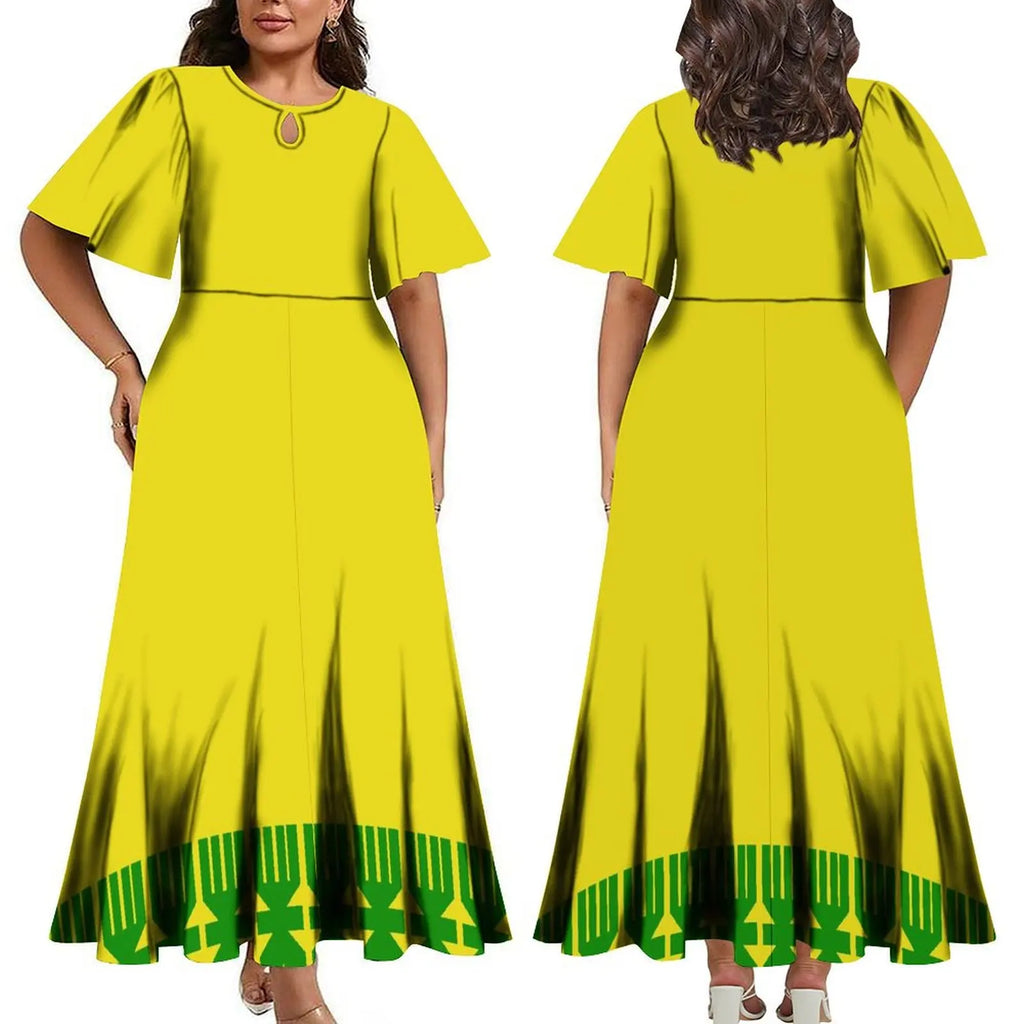 Wholesale Custom Polynesian Tribal Printed Half Flare Sleeve Long Party Dress Maxi Island Style Dress Plus Size Womens Clothing